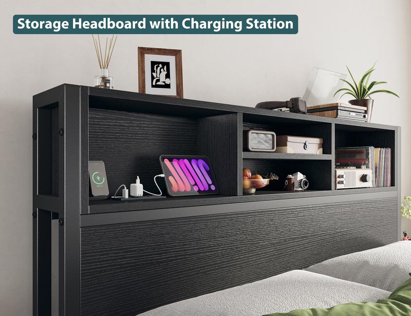 Raybee 6 Drawers Wood Bed Frames for King Queen Full, Luxury Platform Bed Frame with Storage Head Board & Build-in Power Outlet, Holds up to 1000lbs with Metal Frame & Slats, Noise Free, Space Saving for Bedroom