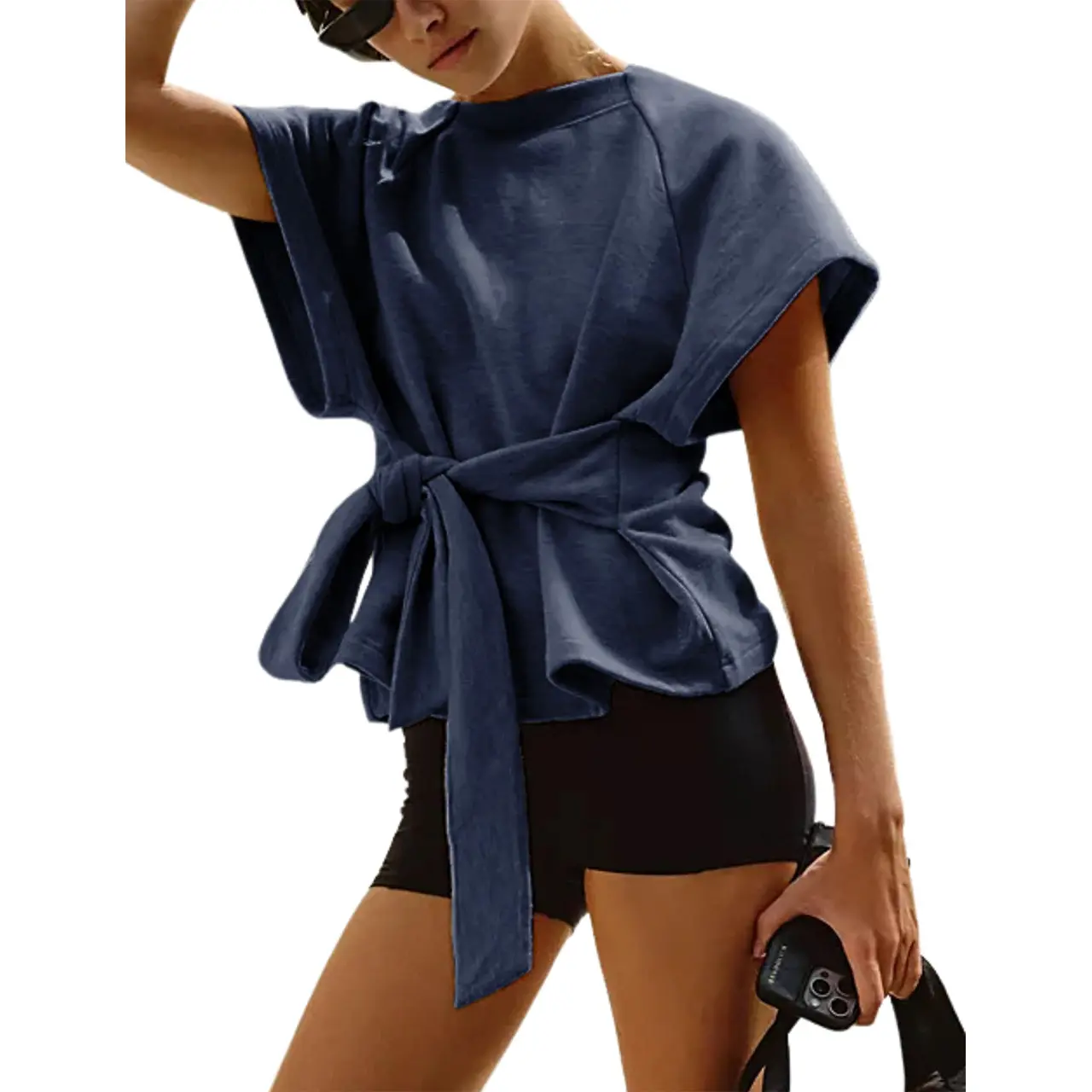 Songling Women's Casual Summer Cropped T-Shirt - Round Neck, Knotted Collar, Sweatshirt-Style Tops for Women, Sportswear, Shortsleeve, Breathable, Fabric, Sporty Chic, Classic Cycling, Daily Commutes, Sleeves, Regular Fit, Lightweight, Plain, Workouts, Wa