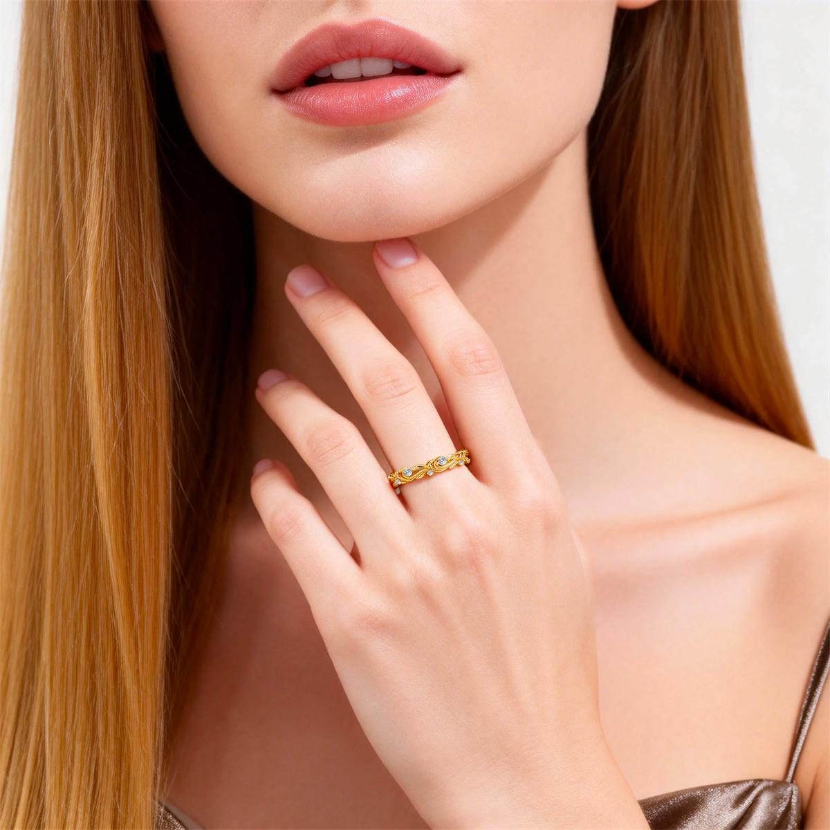 Delzzad Golden Vine Eternity Ring Floral Band Engagement Ring Synthetic Moissanite Band Ring Jewelry S925/Copper Band Perfect Birthday Engagement Wedding Anniversary Christmas Gift