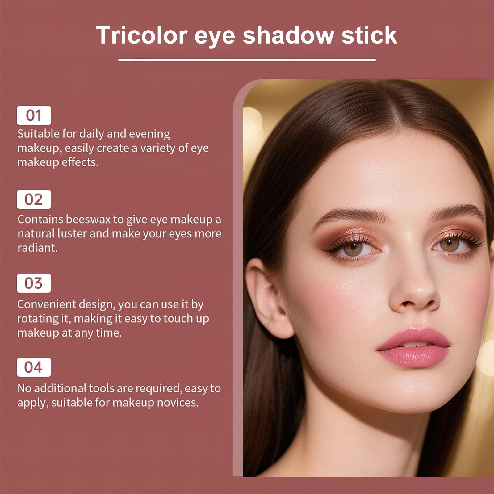 3-in-1 Easy Eyeshadow Stick for Beginners，Smudge-Proof in Seconds, One-Stroke Application，Creamy Shimmer Trio Eyeshadow Stick