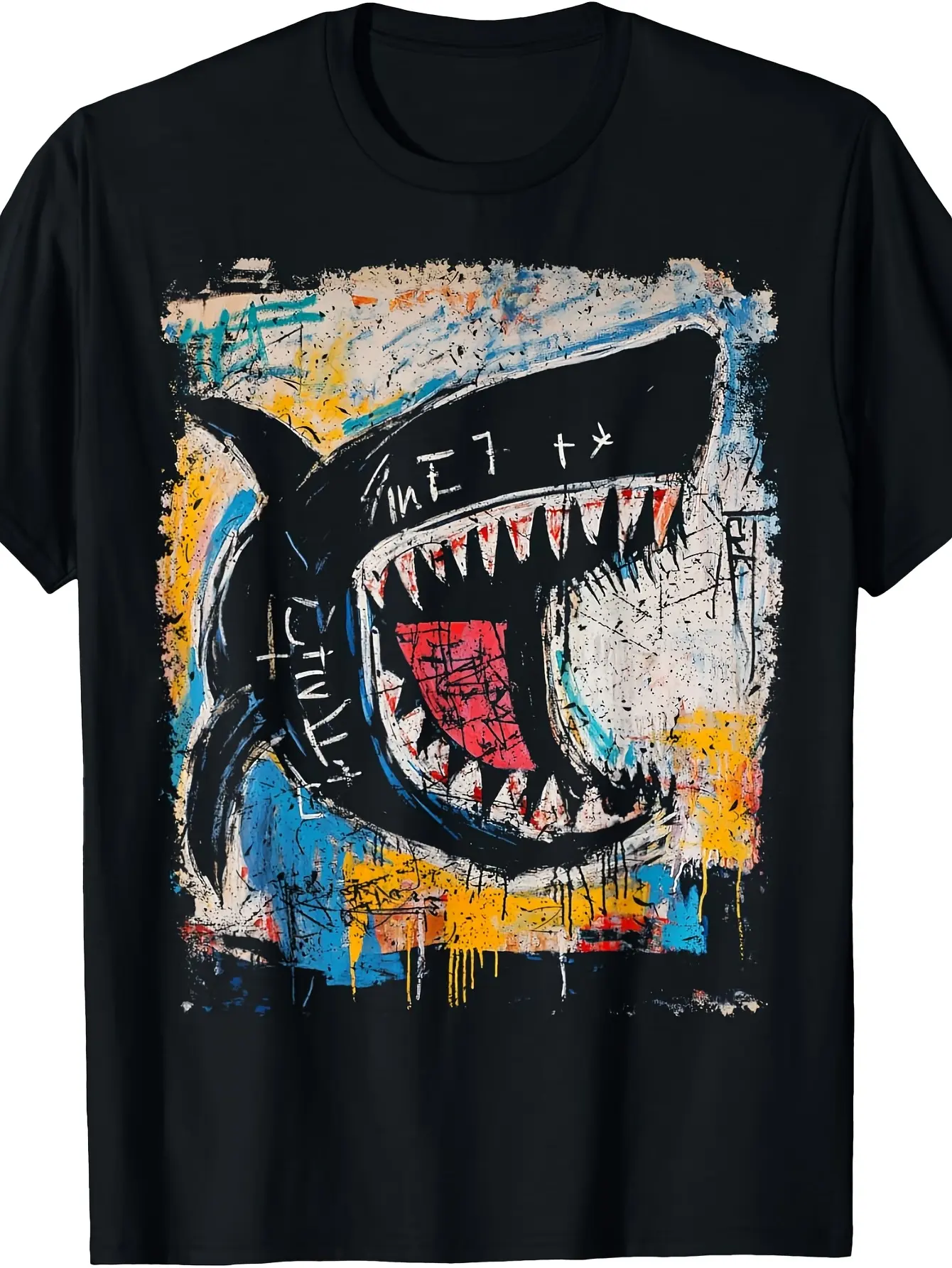 Pop Art Style Shark Graffiti T-Shirt for Men, Unisex, 2026 Summer Short-Sleeve Printed T-Shirt, 180G