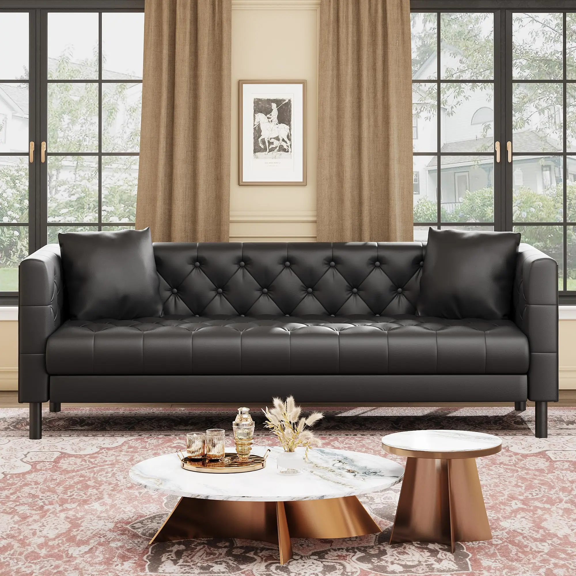Garvee 81" Black Leather Chesterfield Sofa, Handmade Button Tufted 3-Seater Couch with Deep Seat and 2 Pillows, Elegant Leather Sofa for Living Room, Apartment, or Office