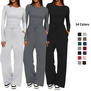 Women's 2 Counts Set Autumn and winter Outfits Lounge Sets Ruched Short Sleeve Tops High Waisted Wide Leg Pants Tracksuit Sets Sweatsuit With Pockets