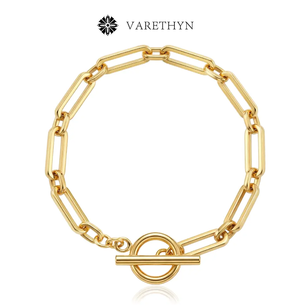 VARETHYN 14 Karat Gold-Plated Rectangular Paperclip Toggle Clasp Chain Bracelet for Adults - Minimalist High-End Exquisite, Gold Bracelet Stack, Artificial Gemstone Everyday Wear Jewelry