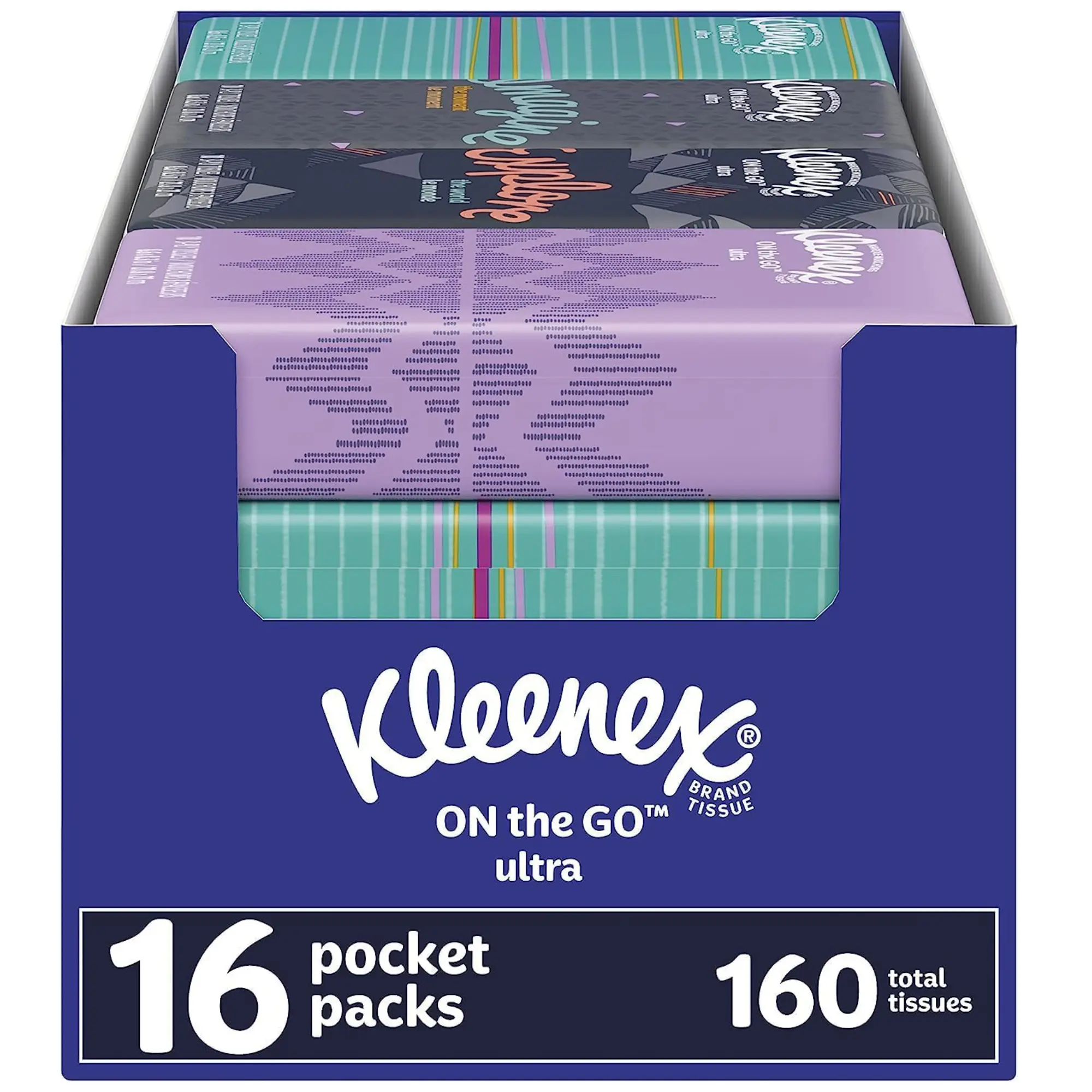 Kleenex® 3-Ply Pocket Bag Facial Tissues, Home Care High-Capacity Multipack, 16 Packs (10 Sheets Each, 160 Total), Absorbent