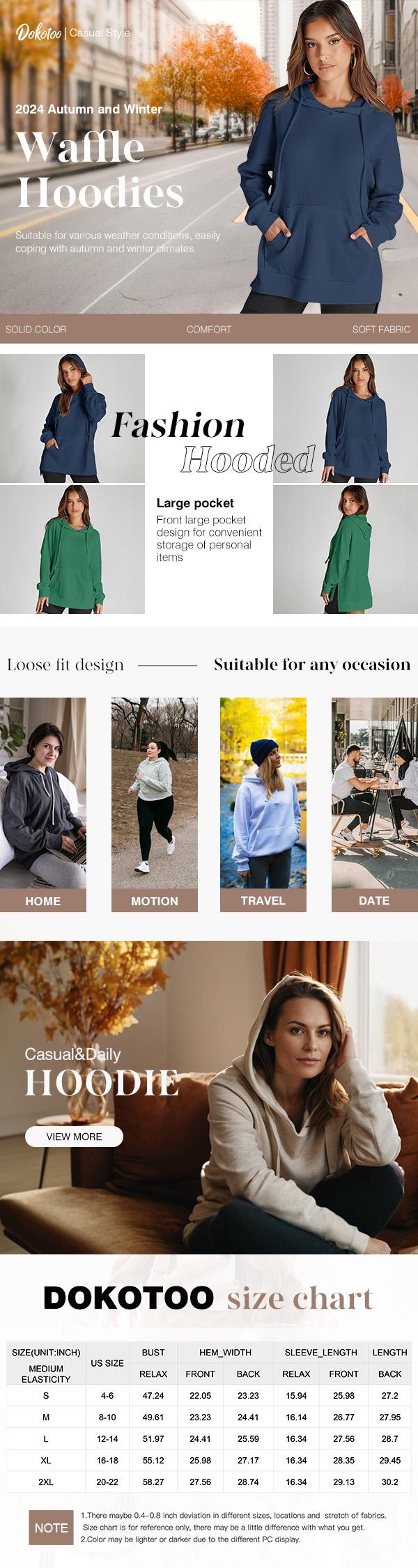 Dokotoo Oversized Hoodies for Women Casual Long Sleeve Waffle Knit Drawstring Side Slit Pullover Sweatshirts with Pocket