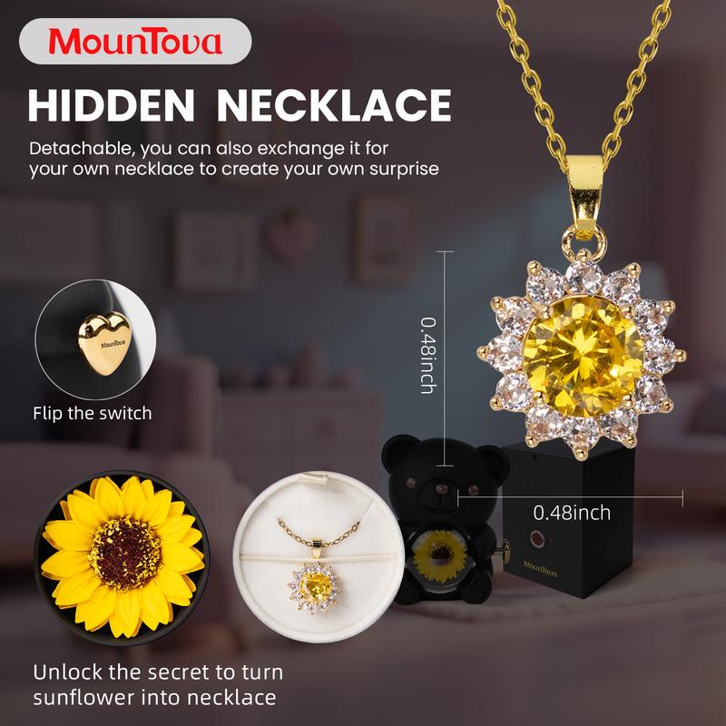 【With Necklace】Mountova Lucky Sunflower Bear Necklace & Gift Box Set, Birthday & Anniversary Gift for Girlfriend Mom Daughter, Room Decor