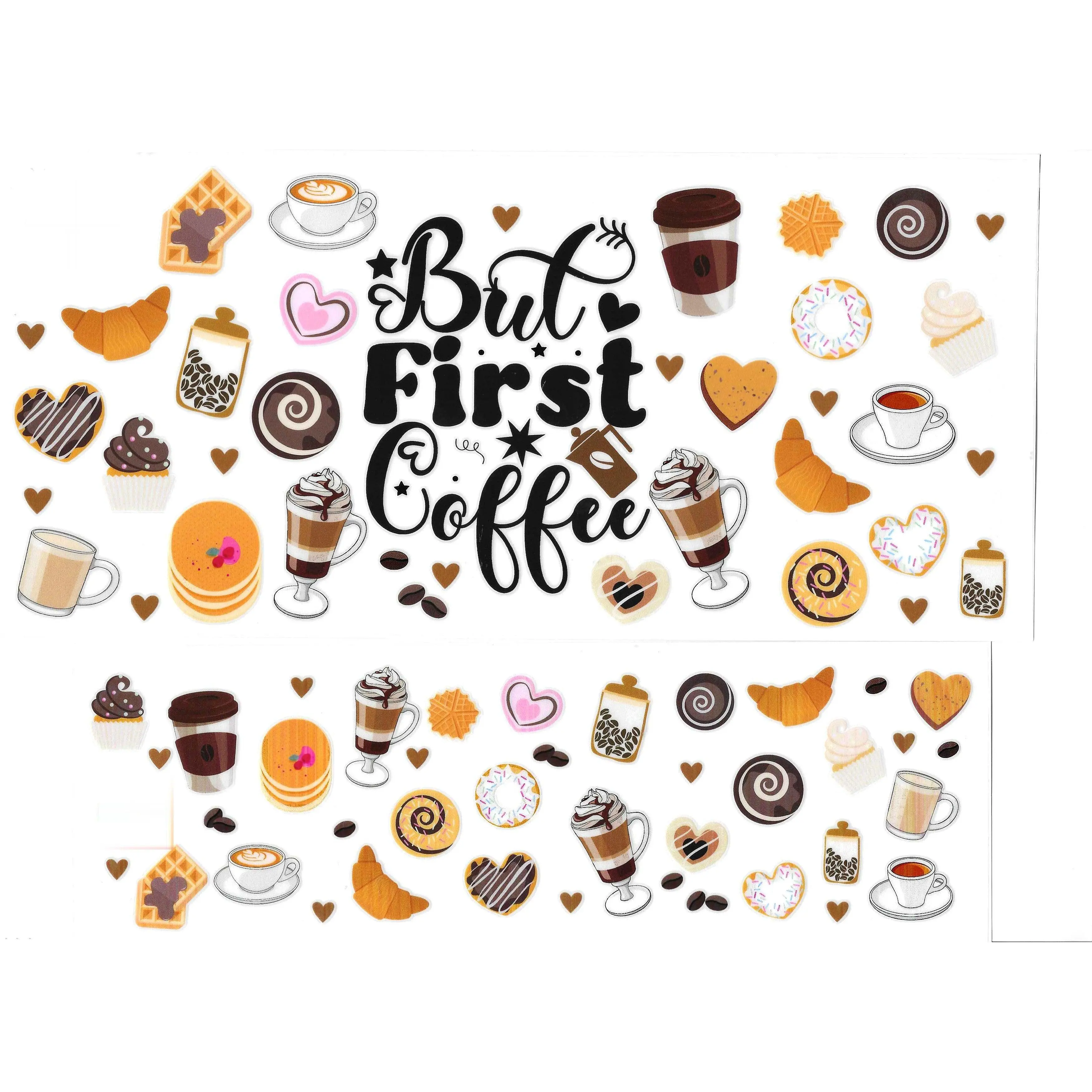 Coffee1 40oz Decals Featuring But First Coffee Design with Assorted Coffee Drinks and Pastries for Decor