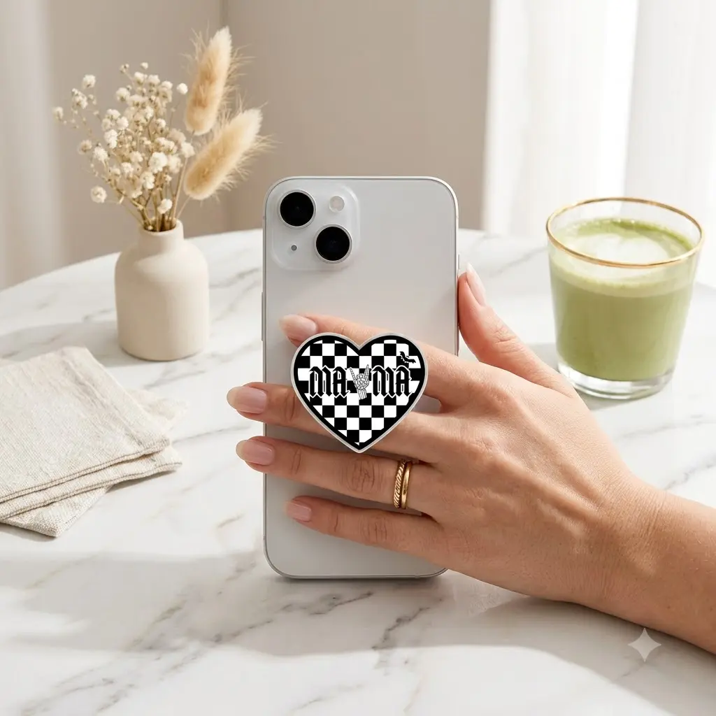 Checkerboard Mama Heart Magnetic Phone Grip, Kawaii Gothic Mobile Stand, Checkered Heart Phone Holder, Spooky Season Mom Gift For Her