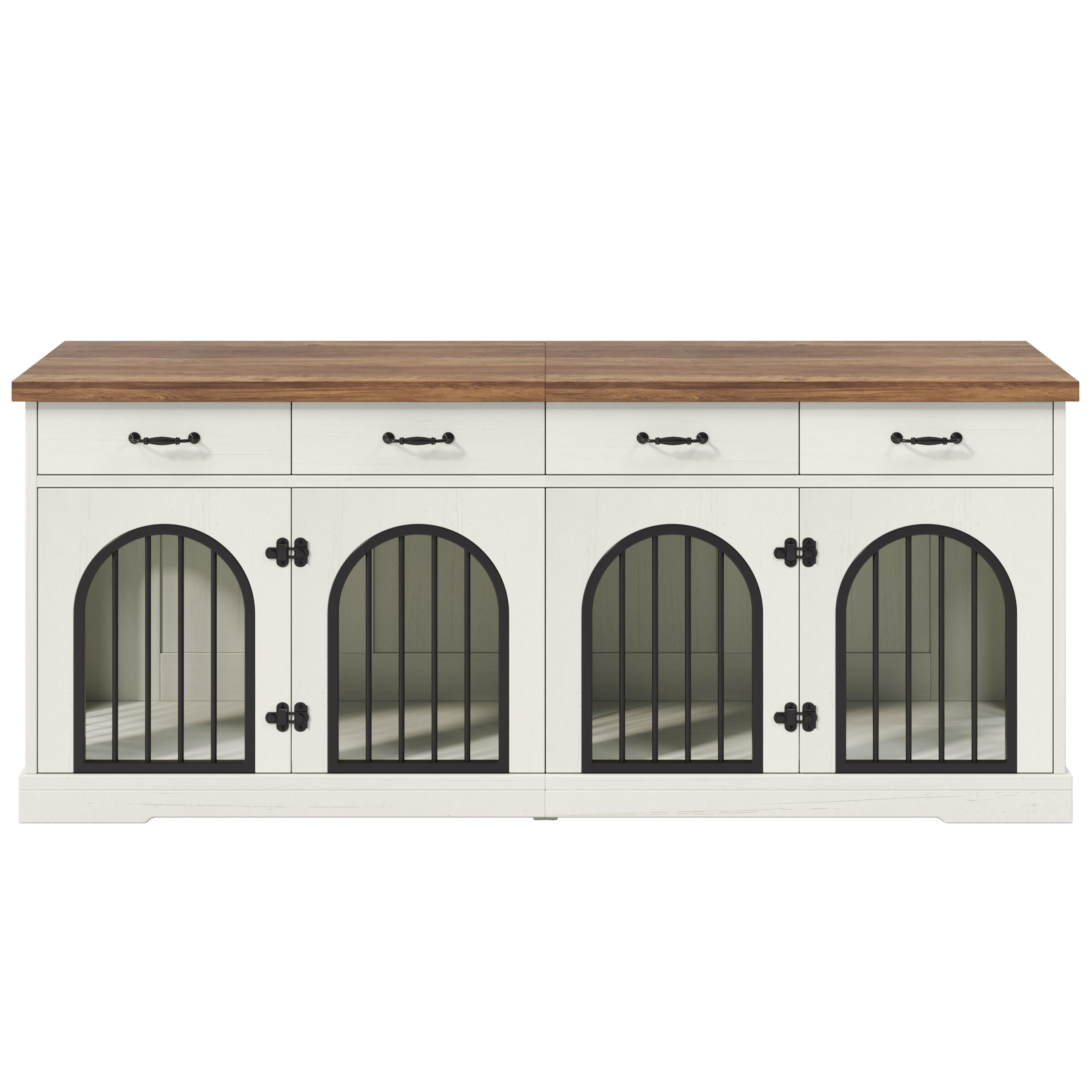 70.8" Large Dog Crate Furniture for 2 Dogs, Dog Kennel Indoor with Removable Divider Door and 4 Storage Drawers, End Table, Dog Crate TV Stand with 4 Doors for Medium Small Dogs, White and Brown