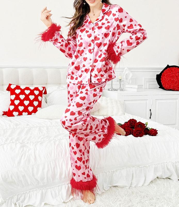 Joviecrown Valentine’s Pajamas Set  Sleepwear for  Matching Homewear Sleepwear  homewear,Pink floral satin pajama set,Romantic & Sweet sets, soft and comfortable daily pajimas, For Her, Best gifts Tree Christmas Family