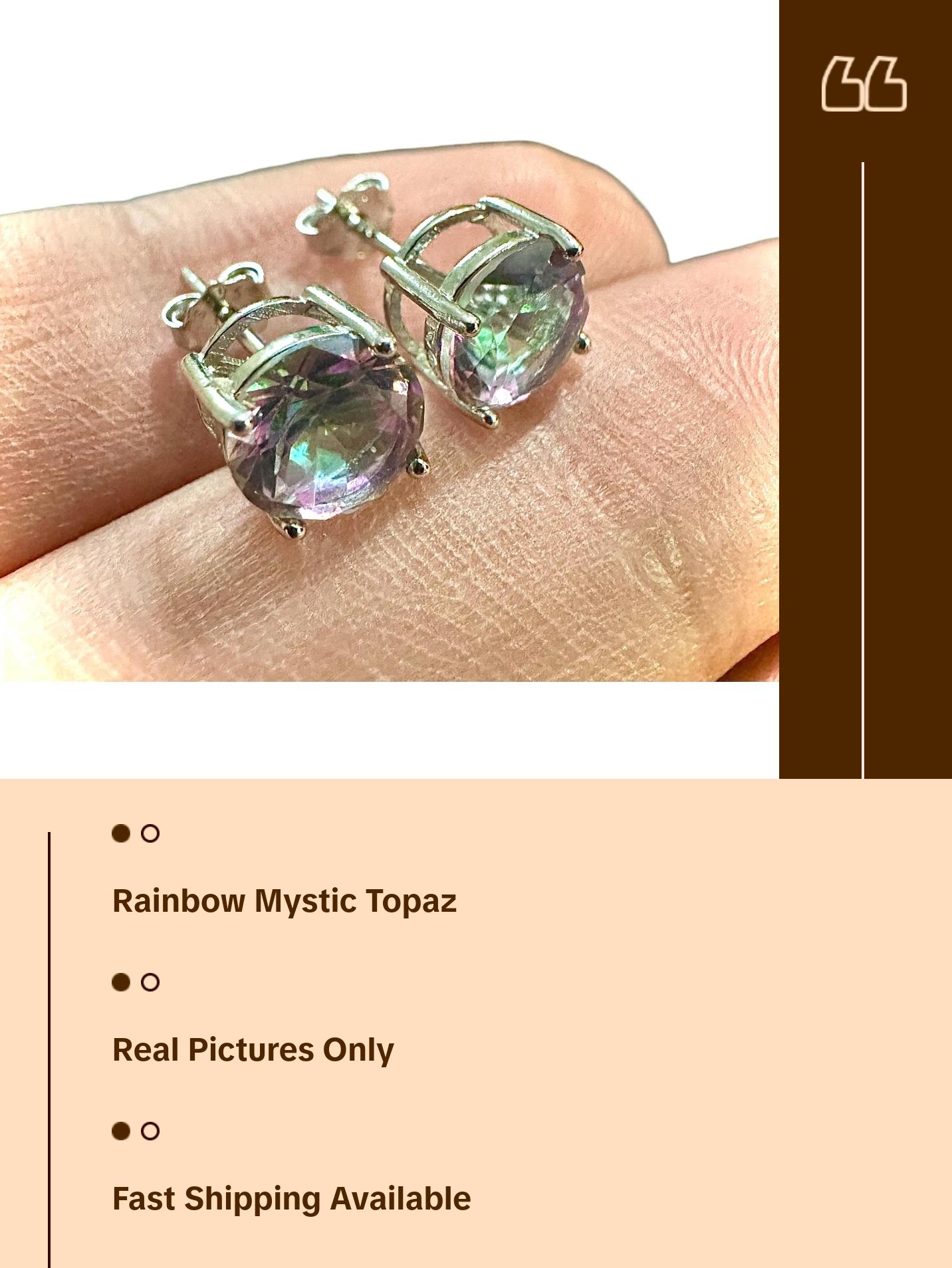 925 Sterling Silver Rainbow Mystic Topaz Stud Earrings for Women 6MM Birthstone Gift