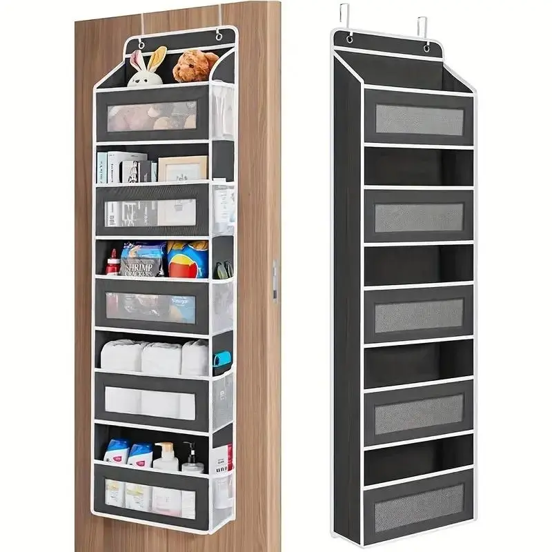 No Drilling!Door Hanging Storage Rack - 5+5 Pockets for Everyday Storage with 5 Large Clear & Mesh Side Pockets for Bedrooms Bathrooms & Food Storage Rooms Grey Organizer Set Installation Hangable Capacity Heavy Duty Five-Tier