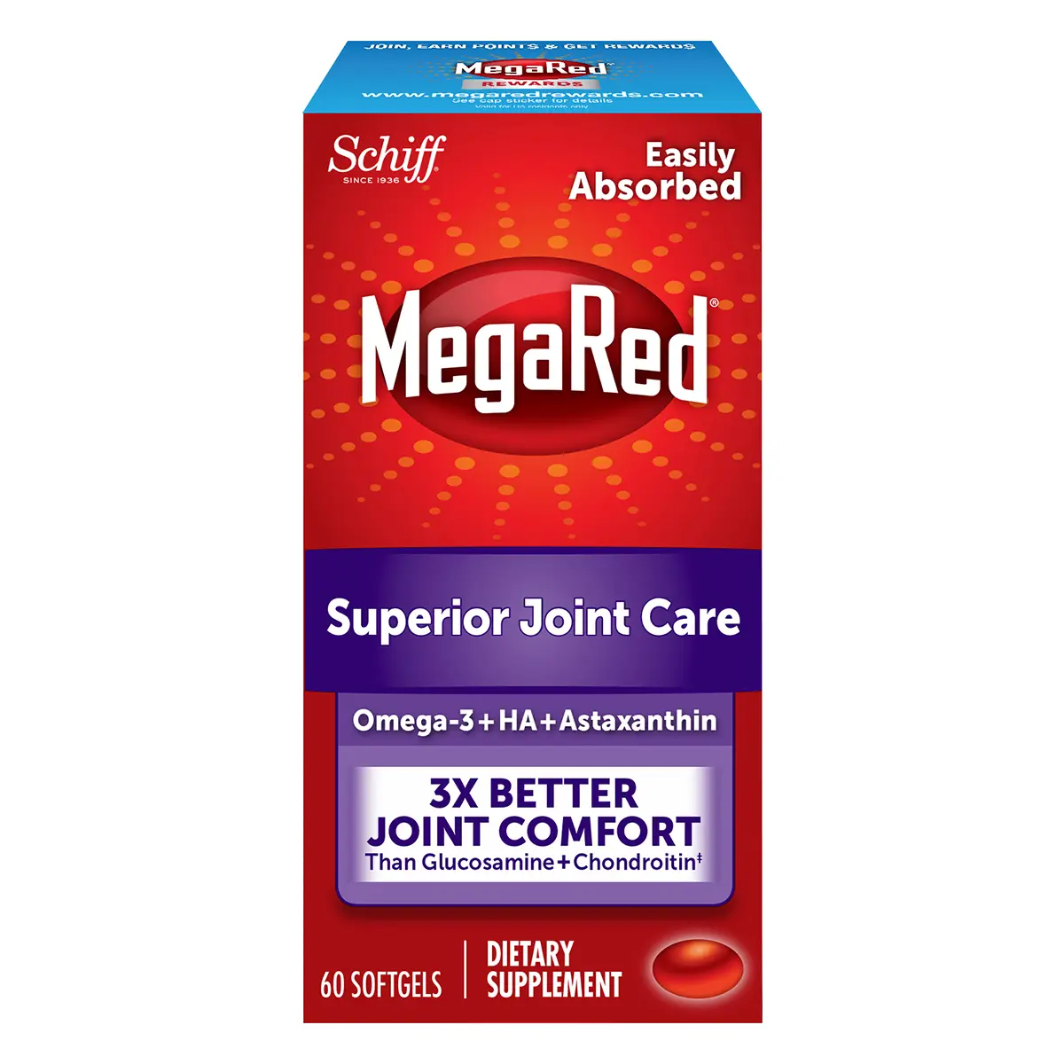 Omega-3 Krill Oil and Joint Supplement 353mg, Megared Joint Care Softgels (60 Count In A Box) - EPA/DHA fatty acids, Antioxidants, Hyaluronic acid, No fishy burp aftertaste as with Fish Oil
