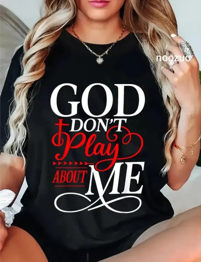 Women's Christian Crew Neck 100% Cotton Short Sleeve Classic Tee - Lightweight, Breathable, Durable Stitching, Modern Faith Message "God Don't Play About Me" Graphic Top for Everyday Wear, Joggers