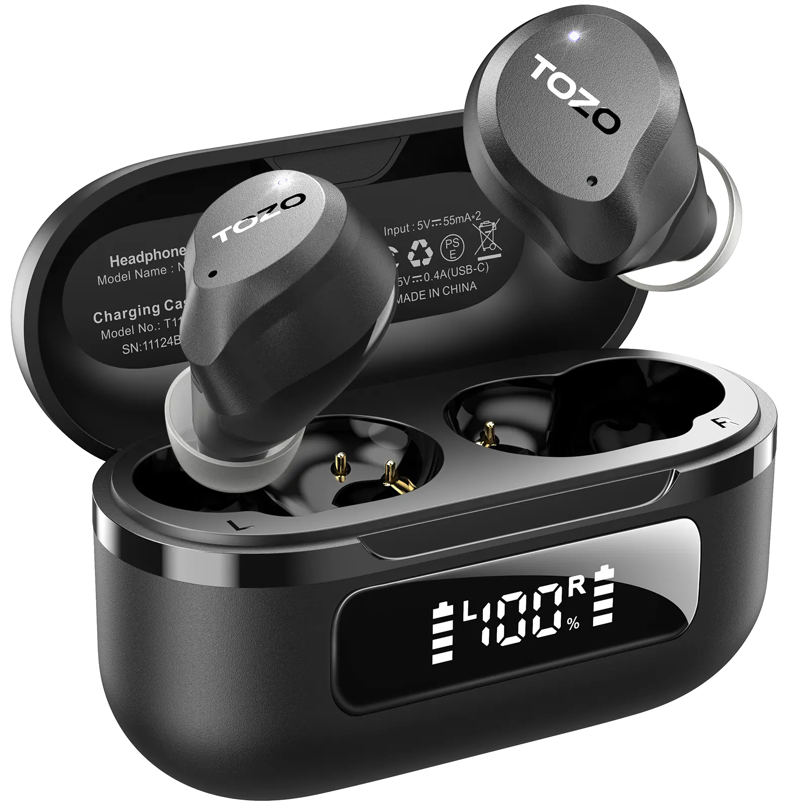 TOZO 2024 NC9 True Wireless Earbuds - Hybrid Active Noise Cancellation Headphones, ENC Microphone, IPX8 Waterproof, Bluetooth 5.3, Deep Bass, Cool Gadgets, Dark Black, Charging Case, Father's Day Electronic Gift, Deep Bass Headphones