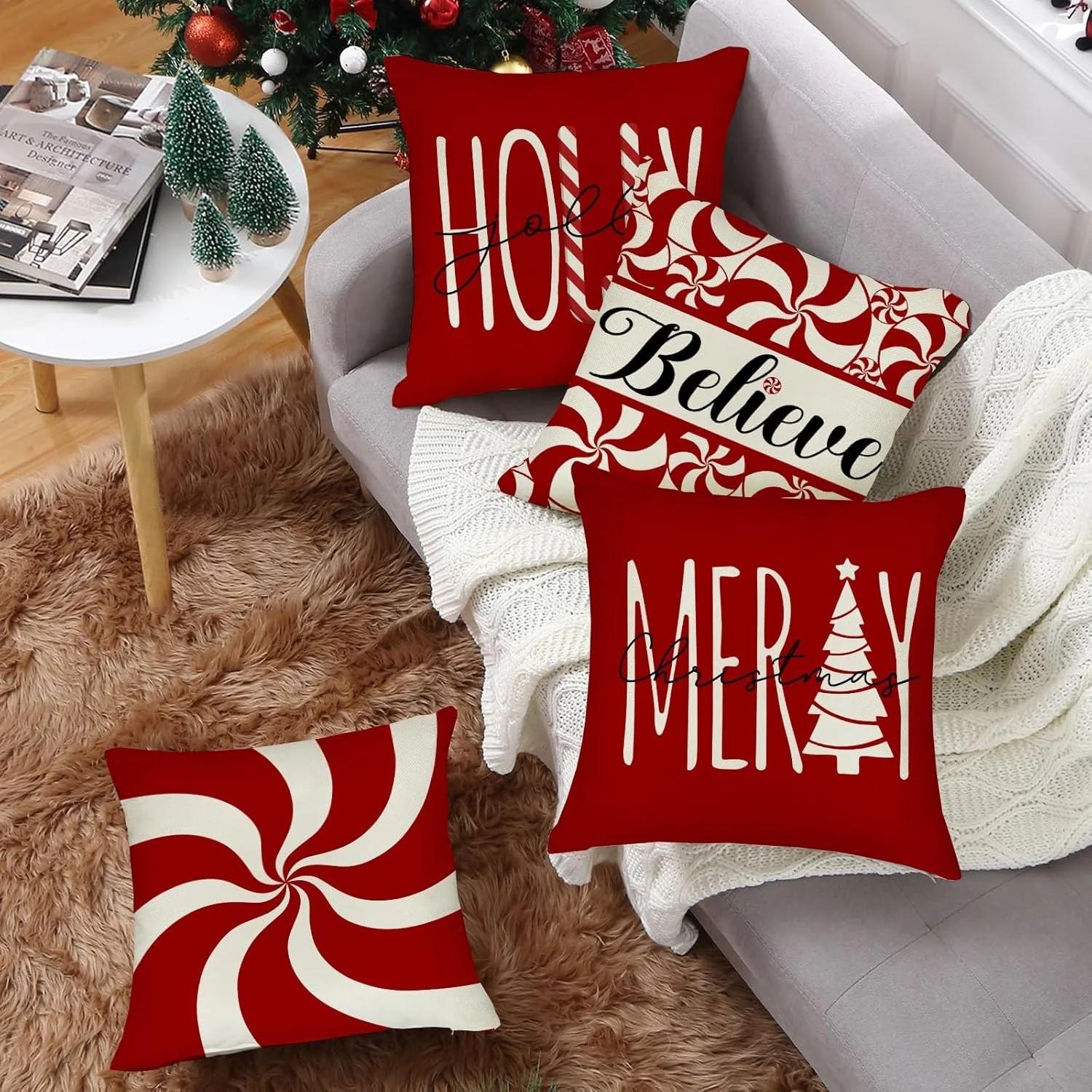 【FaddishDeal】4Pcs-Christmas Decorative Pillow Set, Red Candy Cane Porch Pillow Cover, Single-Sided Linen Print, Winter Holiday Gift, Cushion Cover Home Decor.excellent gifts for Christmas and new year，Must-buy on Black Friday