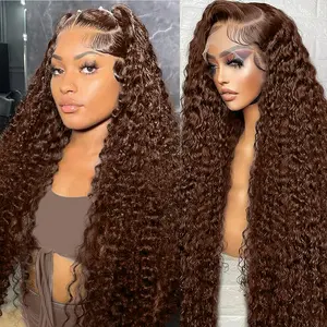 Leniku 30 32 Inch Chocolate Brown Deep Wave 13x4 Lace Front Wigs Human Hair 13x6 Hd Curly Lace Frontal Wigs for Black Women Pre Plucked Wet and Wavy 4# Brown Color Wig