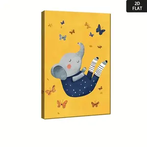 2D Flat, 1pc Minimalist Elephant & Butterflies Canvas Wall Art - Soft Yellow & Decor, Wrapped Framed 2D Flat Painting for 'oom, Living Room, Office - Modern 'S Book Illustration Gift, Easy-to-Hang Home Decoration	
