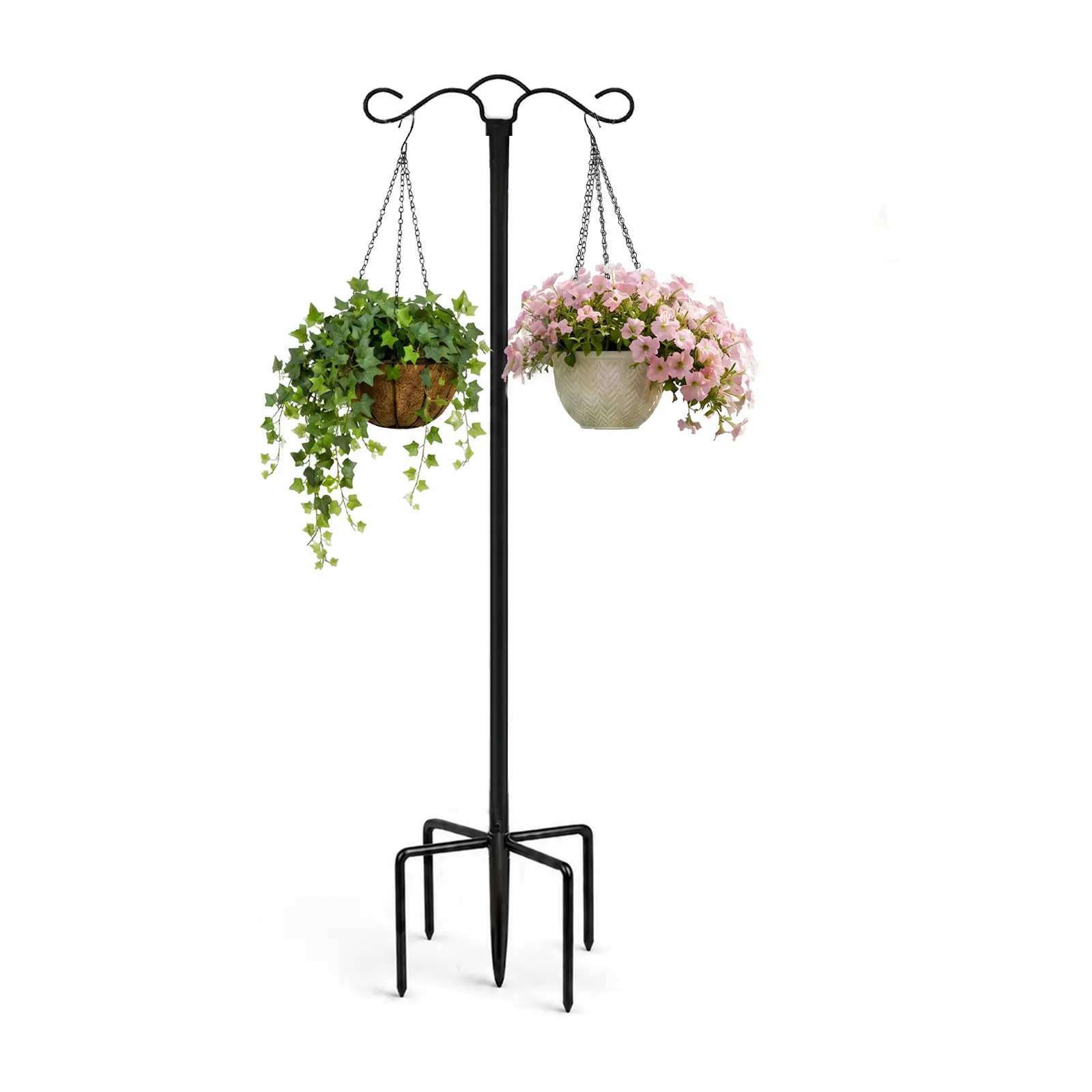 Bamworld Double Hook Shepherd's Hook, 62" Height Heavy-Duty 1.5mm Steel Outdoor Garden Pole with Scroll Top, 4-Prong Base for Hanging Baskets, Plant Hangers, Hanging Support (Black)