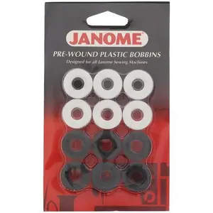 Janome 12 Prewound Black and White Plastic Bobbins PREWBW72