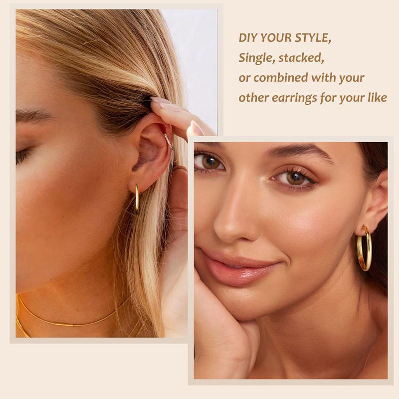 Turandoss 9 Pairs Gold Hoop Earrings for Women, Hypoallergenic Thick Lightweight Earring, 925 Sterling Silver Post 14K Real Gold Plated Chunky Hoop Earrings Set for Women for Jewelry Gifts