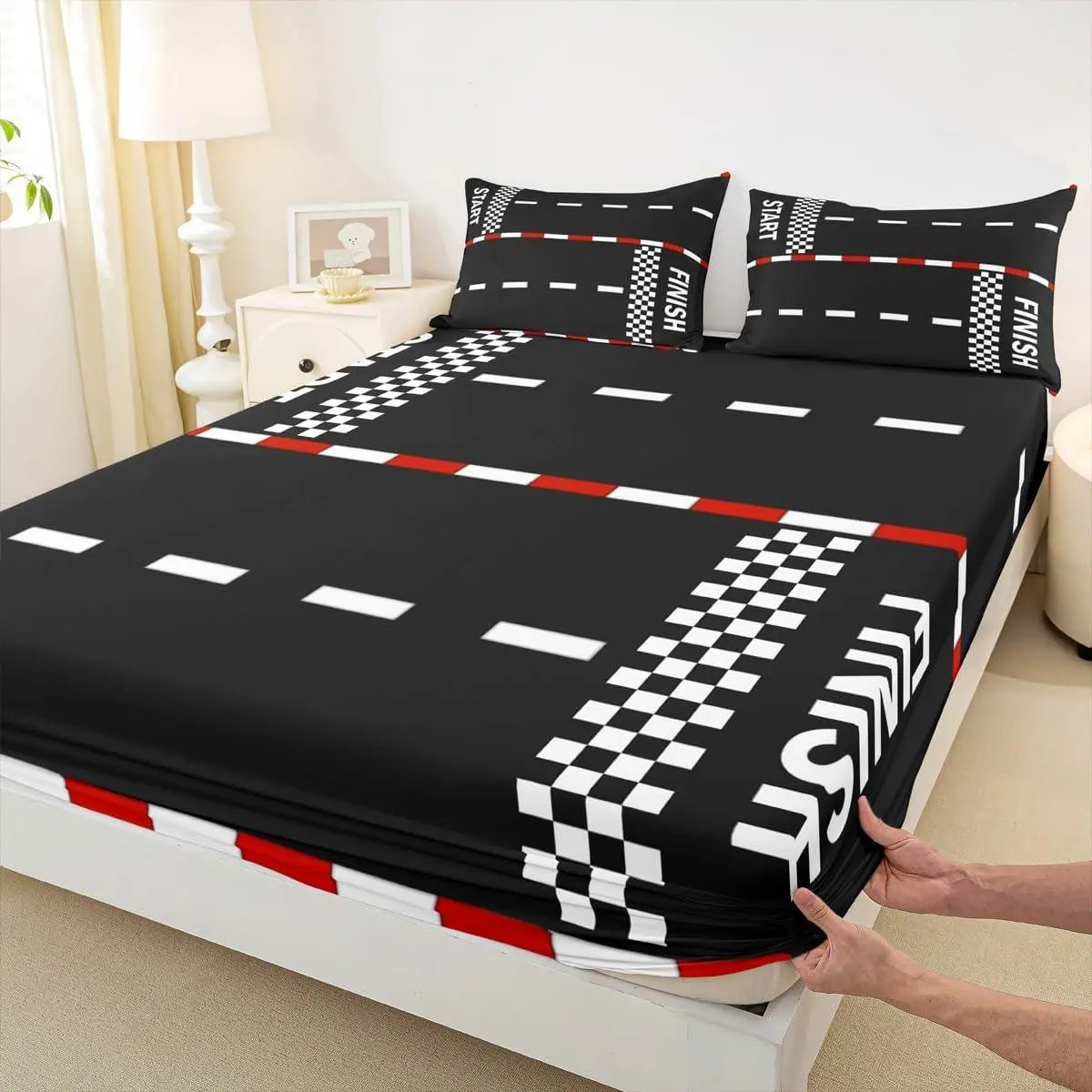 Start and Finish Fitted Sheet,Checkered Flag Extreme Sports Collections,Race Car Track Bedding Deep Pocket Young No Flat Sheet