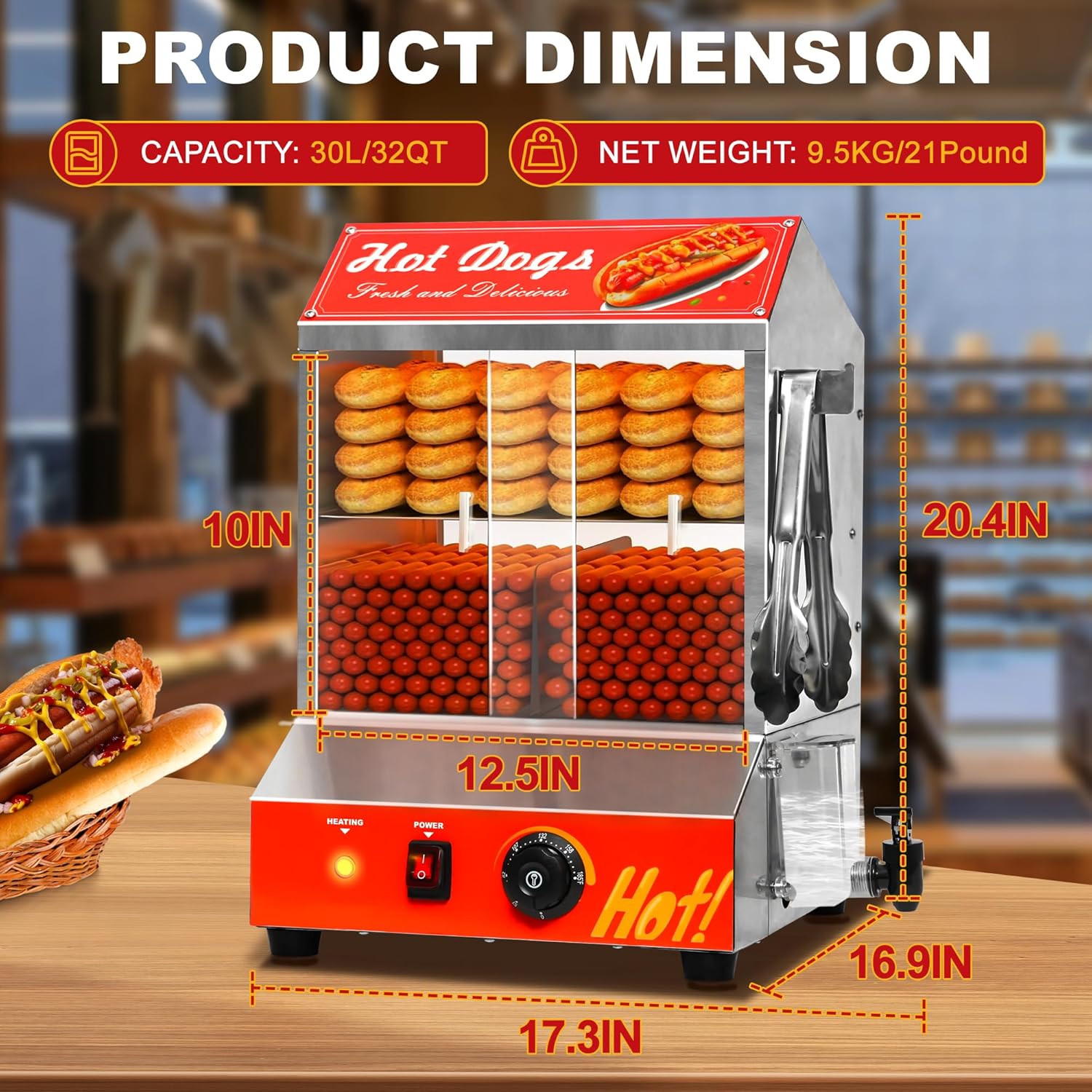 32QT Hot Dog Steamer, 2-Tier Stainless Steel Hot Dog Hut Steamer with Bun Warmer, Electric Hot Dog Bun Steamer with Sliding Door and Clip, Hold 175 Hotdogs and 40 Buns, 32℉-185℉ Temp Control, 1000W
