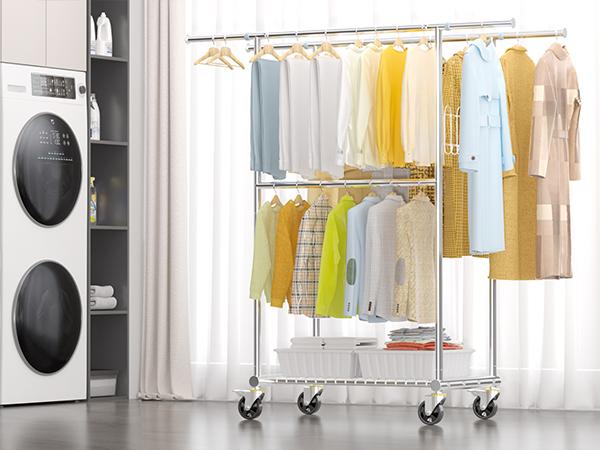 Double-Layer Large-Capacity Rolling Clothes Rack! Holds 50+ Garments, With Shoe Storage Shelf, Effortless Mobility on Swivel Wheels, Home Balcony Drying Rack