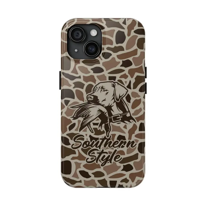 Old School Camo Southern Style Tough Duck Dog Phone Case - Street, Ethnic, Irregular, Classical Flush Mount Mobile Accessory, Hunting Gift for Him, Compatible with iPhone 16 15 14 13 12 11 Pro Max, Luxury, Silicone Pc