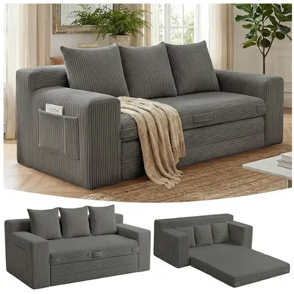 Winzoo Sturdy Corduroy Casual 3-in-1 Compact Modern Futon Set - 2-Seater Boneless Loveseat Sleeper Sofa Bed, Extendable Pull-Out Couch, Side Pockets, Handle, 2 Pillows, Polyurethane Foam, No Assembly, Unboxing Ready for Small Space, Office, Love Seat Couc