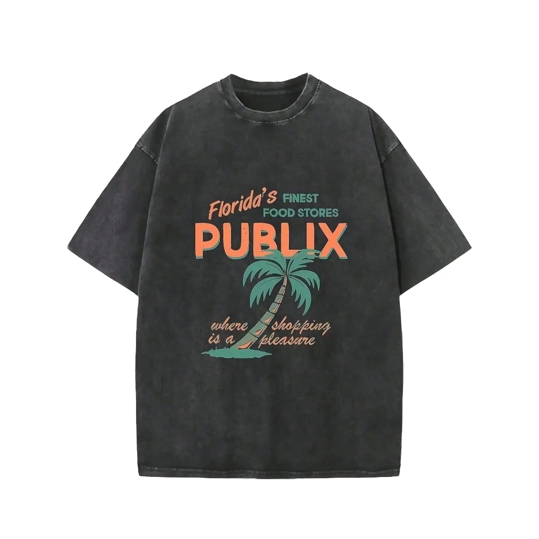 Women's Florida Publix Graphic Cotton Crew Neck T-Shirt - Breathable Streetwear Black Washed Short-Sleeve Top for Back to School