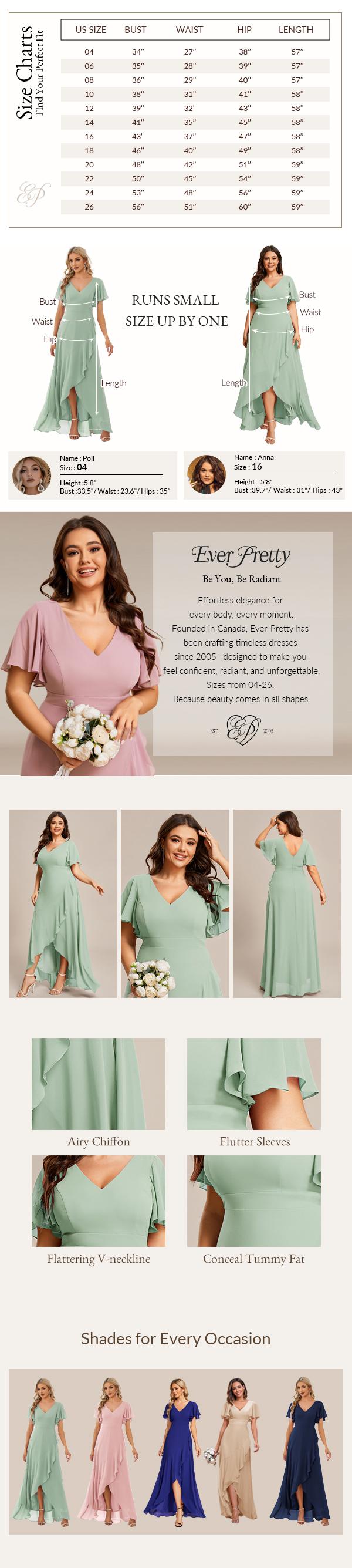 Ever-Pretty  Valentine dress Spring Dress Elegant Minimalist V Neck Chiffon Bridesmaid Dress with Lotus Leaf Hemline & Flattering Fit for Women's Wear,Formal dress , 01749