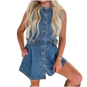 Asvivid Women‘s Western Style Belt Button Down Sleeveless Denim Short Dress Casual Summer Mini Dresses Womenswear