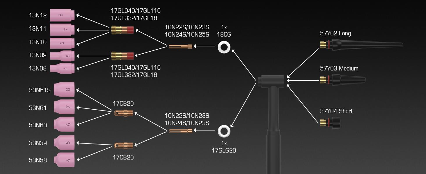 ARCCAPTAIN TIG Welding Torch Accessories kit 71 Pcs Alumina Nozzle Collets Body Stubby Gas Lens #12 Glass Cup consumables Kit For WP-17/18/26-Black