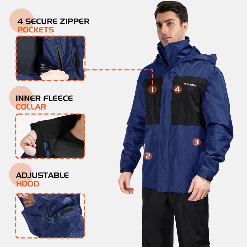 RODEEL 702 Waterproof Jacket and Pants Set Men Lightweight Breathable Full Zip Adjustable Hooded Rain Coat Durable Rain Suit Weatherproof Rainwear Windbreaker For Outdoor Hiking Camping Fishing Boating Construction Landscaping, Holiday Gift