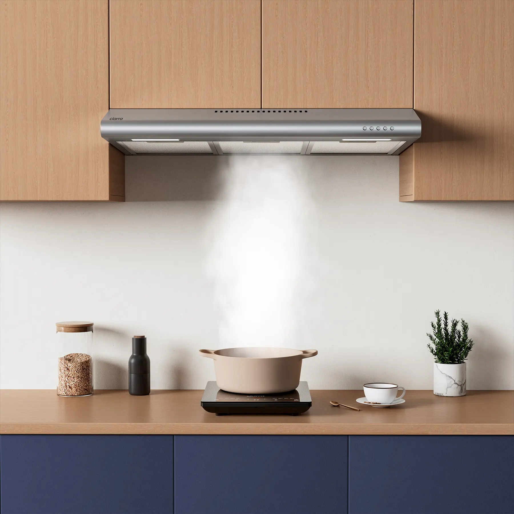 Ciarra 30-Inch Low Profile Ventless Stainless Steel Under Cabinet Kitchen Hood - 200 CFM 3-Speed Motor, Convertible, Compact Design for Your Kitchen, Advanced Ventilation Mode, Dishwasher-Safe Filters, Odor Removal, Durable Large Household Appliance, Push
