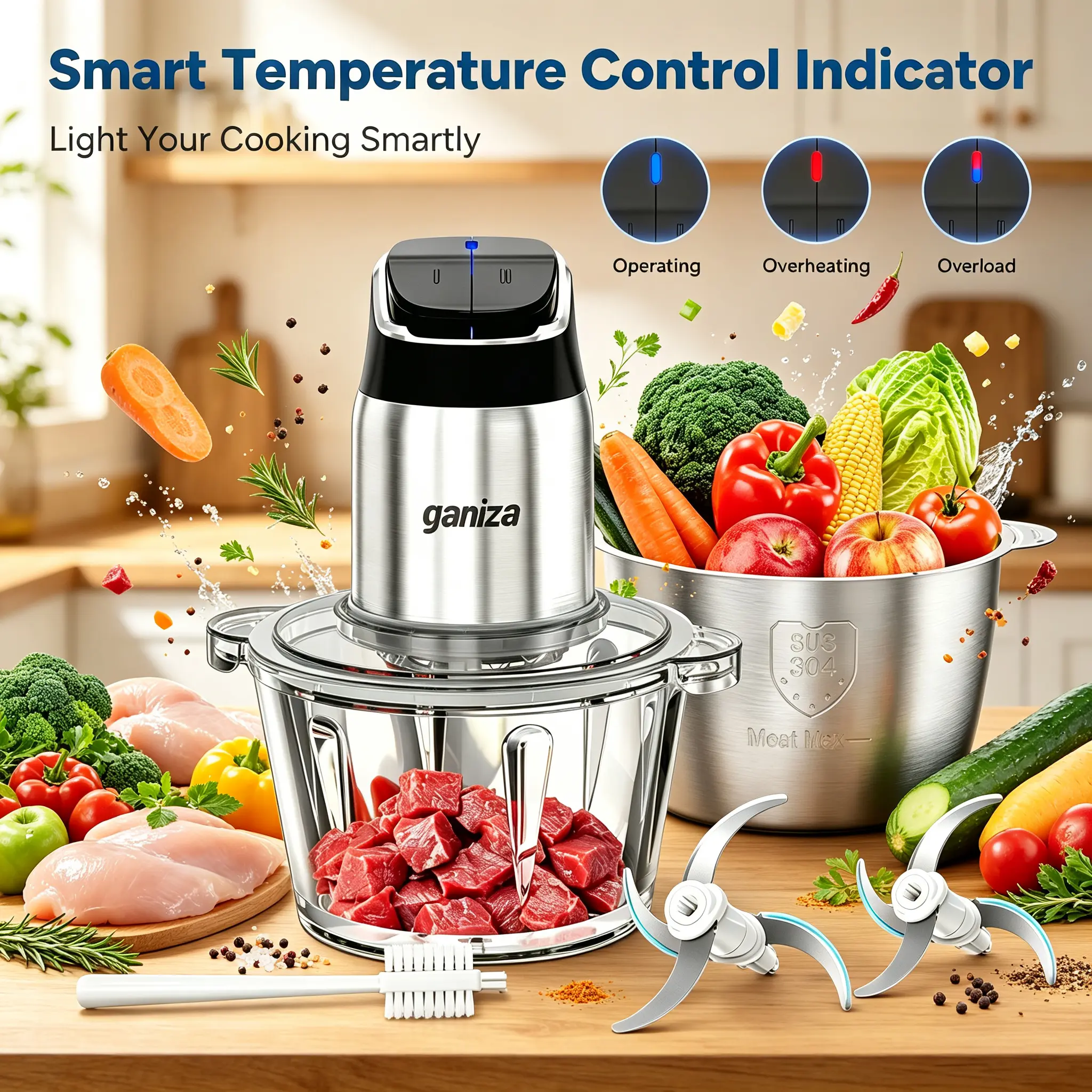 Ganiza Food Processor (3600ml) - 8-Cup Glass Bowl, 8-Cup Stainless Steel 2-Speed+Pulse Chopper Grinder, Upgraded Buttons, Smart Overheat Protection Light, US Plug, Auto Stop, Clean Brush, 2 Blade Sets, Slicer, Kitchen Appliance for Making Guacamole, Chopp