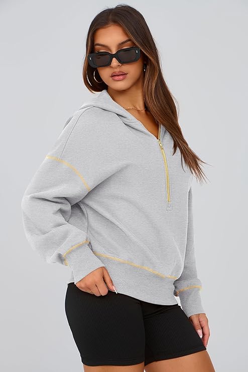 PRETTYGARDEN Women's Pink Hooded Sweatshirt Long Sleeve Half Zip Cropped Pullover with Gold Zipper & Stitching Detail for Winter Fashion