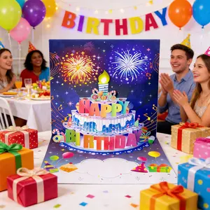 Pop-Up Birthday Card with Blow Activated Lights & Music | Fireworks Cake Effect, Perfect Party Favor for All Ages