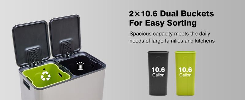 2 x 10.6 Gallon Kitchen Trash Can with Lid, Stainless Steel Garbage Can with Soft-Close Lid & Removable Inner Buckets, Dual Compartment Step-on Waste Bins for Kitchen Bathroom Bedroom Office