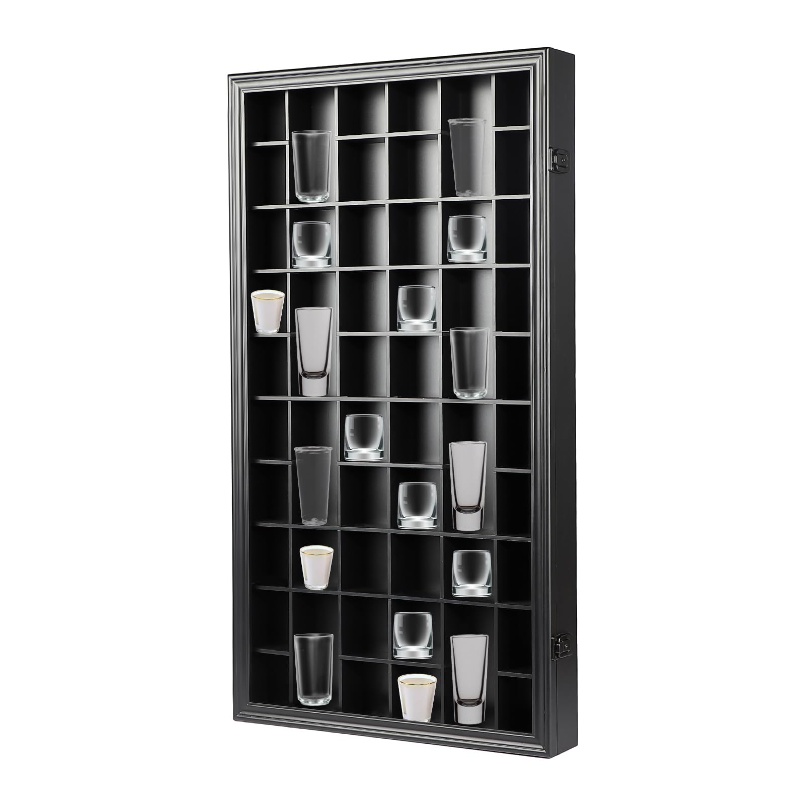 IHEIPYE 52 Shot Glass Display Case Acrylic Glass with Uv Protection-Large IHEIPYE Shot Glass Collection Cabinet Rack Holder For Wall, Wooden Shot Glass Display Storage Box Lockable with Removable Gift Shelves-Black Metal Organiser