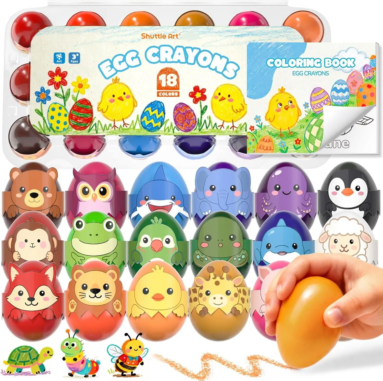 Shuttle Art Egg Crayons, 18 Colors Palm-Grasp Jumbo Crayons with Coloring Book, Washable & Mess-Free Art Supplies & Gifts for Boys and Girls