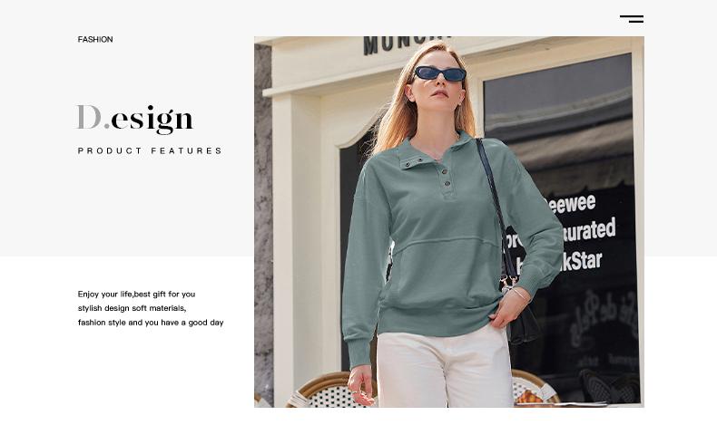Shewin 2026 Spring Oversized Ribbed Pullover - Women's Button-Down Sweatshirt with Kangaroo Pocket, Comfy Casual Layering for Spring Outfits