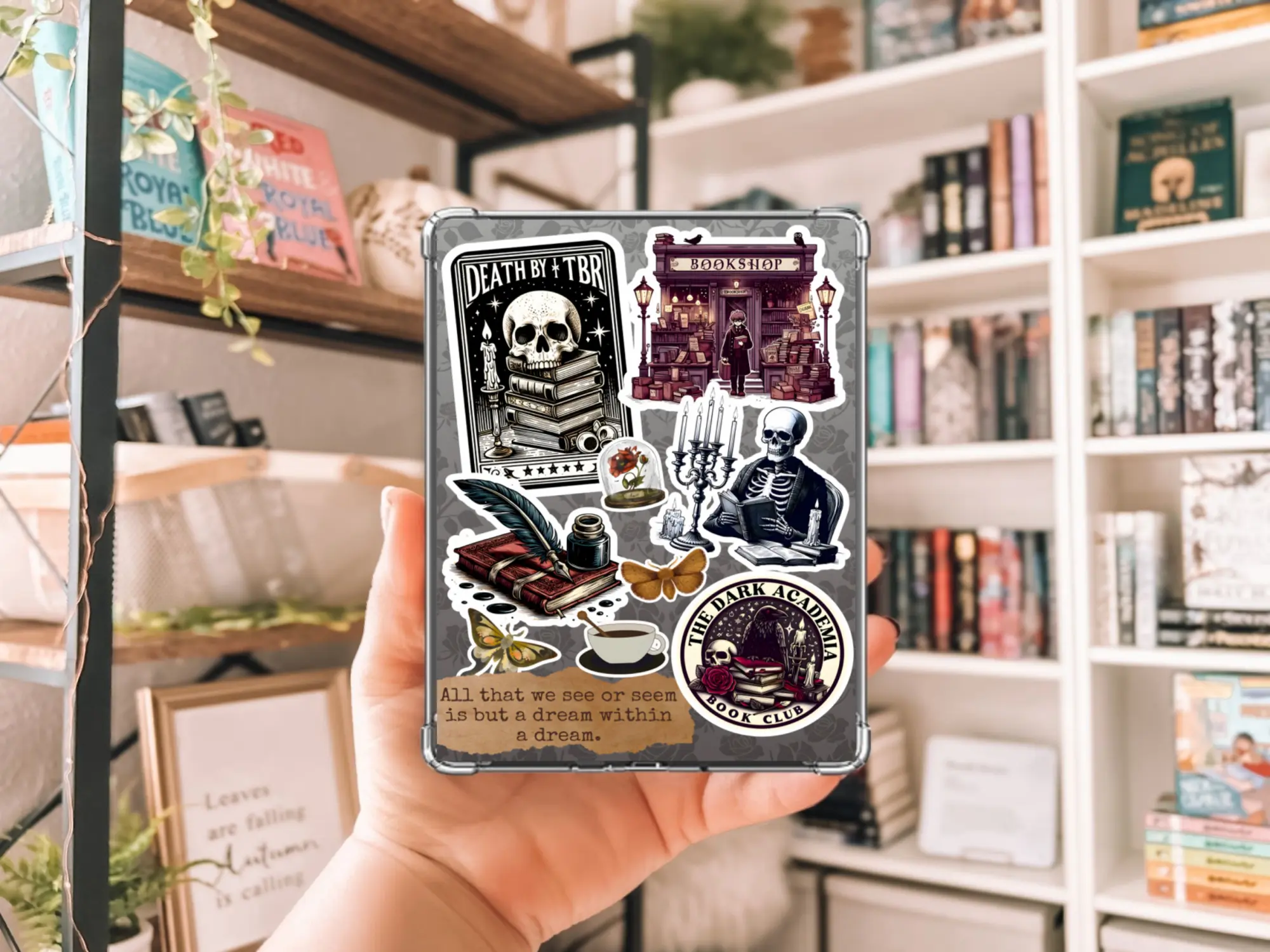Dark Academia Kindle Insert with Sparkly Overlay, Spooky Bookish Clear Kindle Case Insert, Gothic Reader Decor