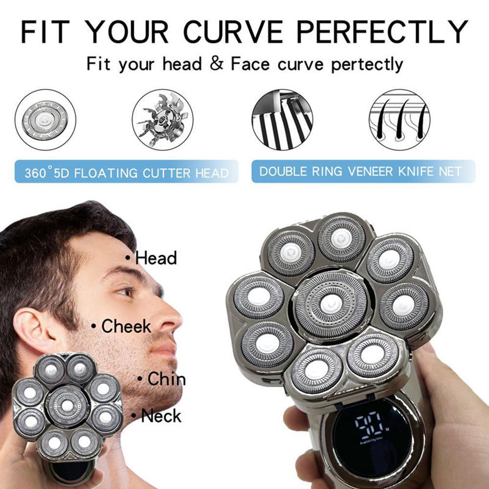 6-in-1 Electric Head Hair Shaver Mens Cordless Rechargeable Wet/Dry Skull & Bald Head Waterproof Razor with Rotary Blades, Clippers, Nose Trimmer, Brush, Massager Home&Travel Valentine Gift