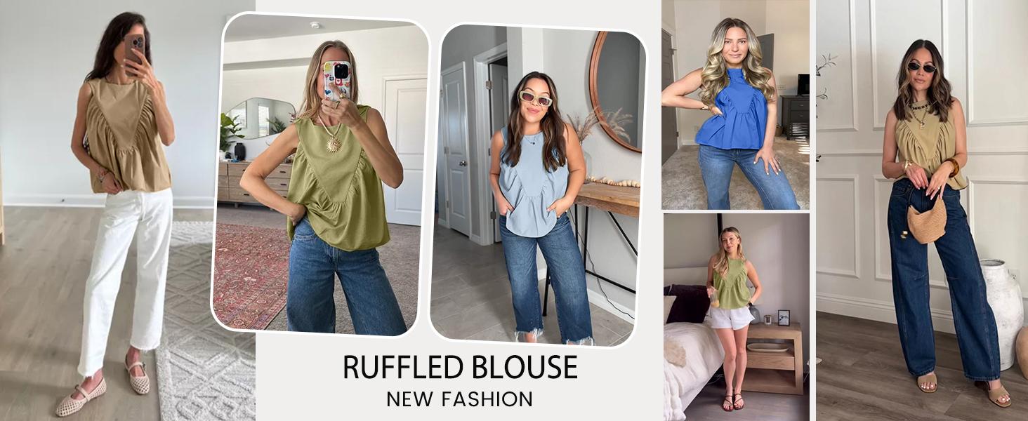 SCUSTY Womens Sleeveless Peplum Top Swing Tank Loose Fit Back Button Casual Blouse Ruffled Shirts