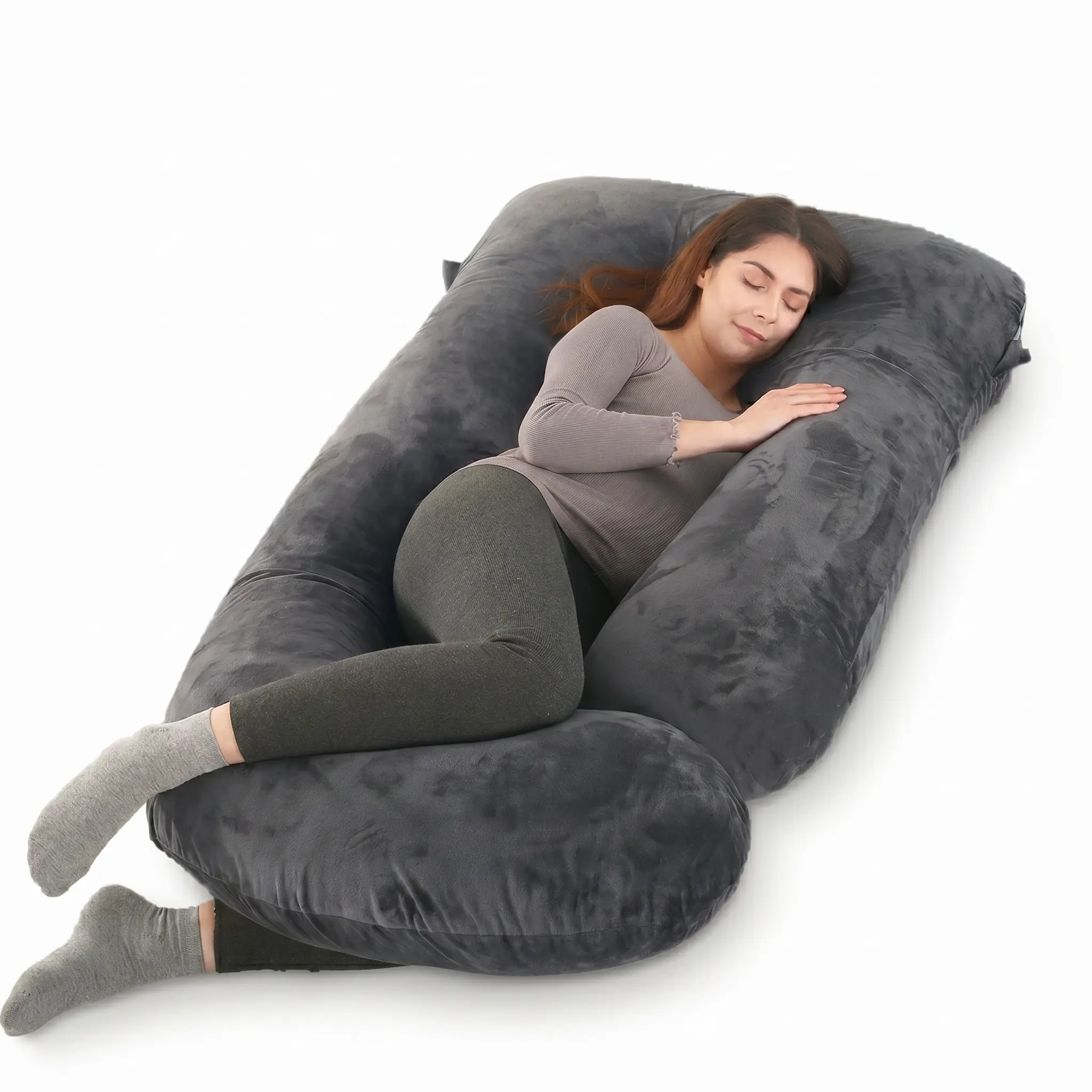 Maternity Body Pillow for Pregnant Women – Full Body Ergonomic Support for Better Sleep – Removable Soft Velvet Cover – Black Grey Pregnancy Comfort Pillow