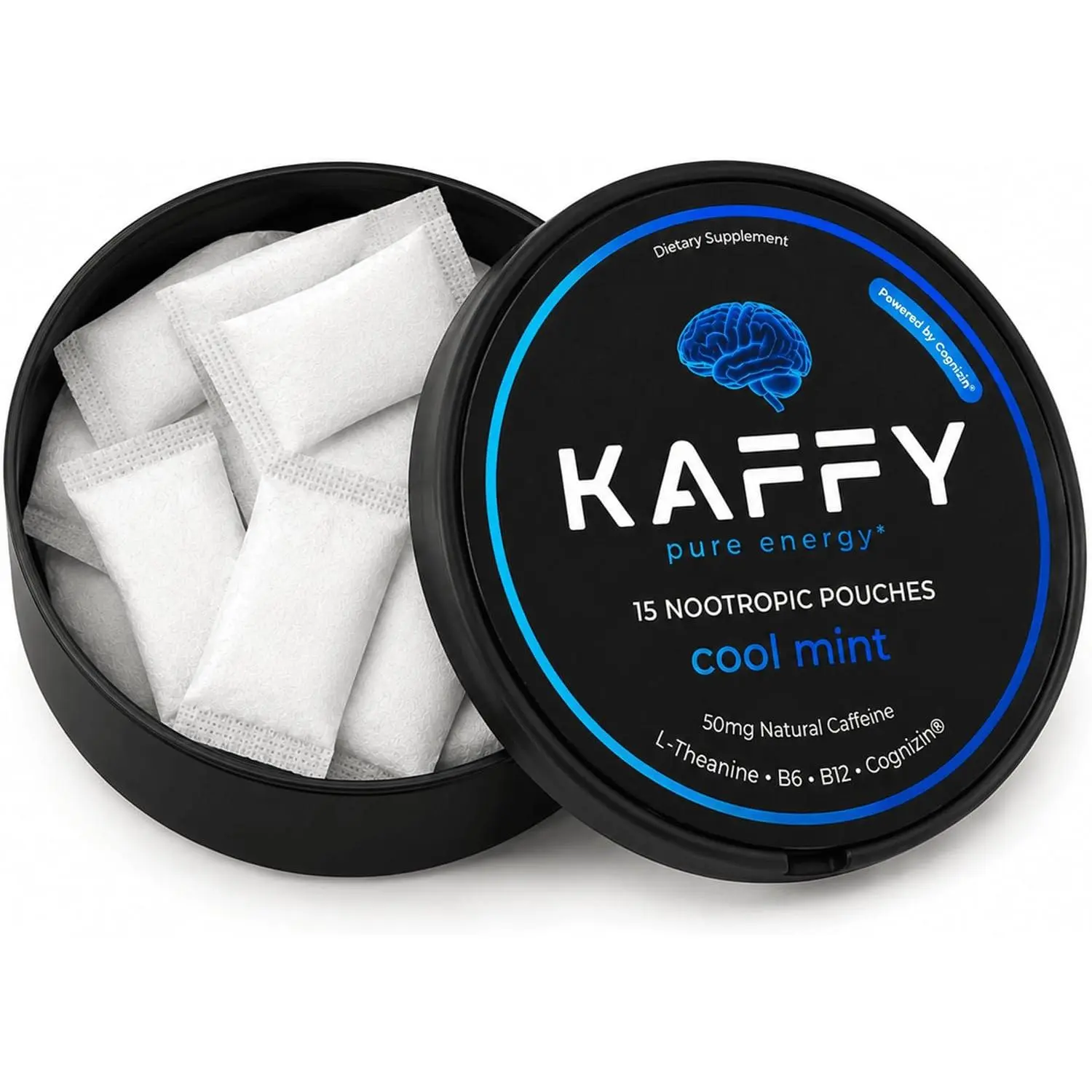 Kaffy Traditional Nootropic Vitamin Dietary Supplement Beverage Pouches - 50mg Natural Caffeine, Cognizin, L-Theanine, Nicotine-Free Coffee Alternative, 15-Count Cool Mint Healthcare Support for Work, Travel