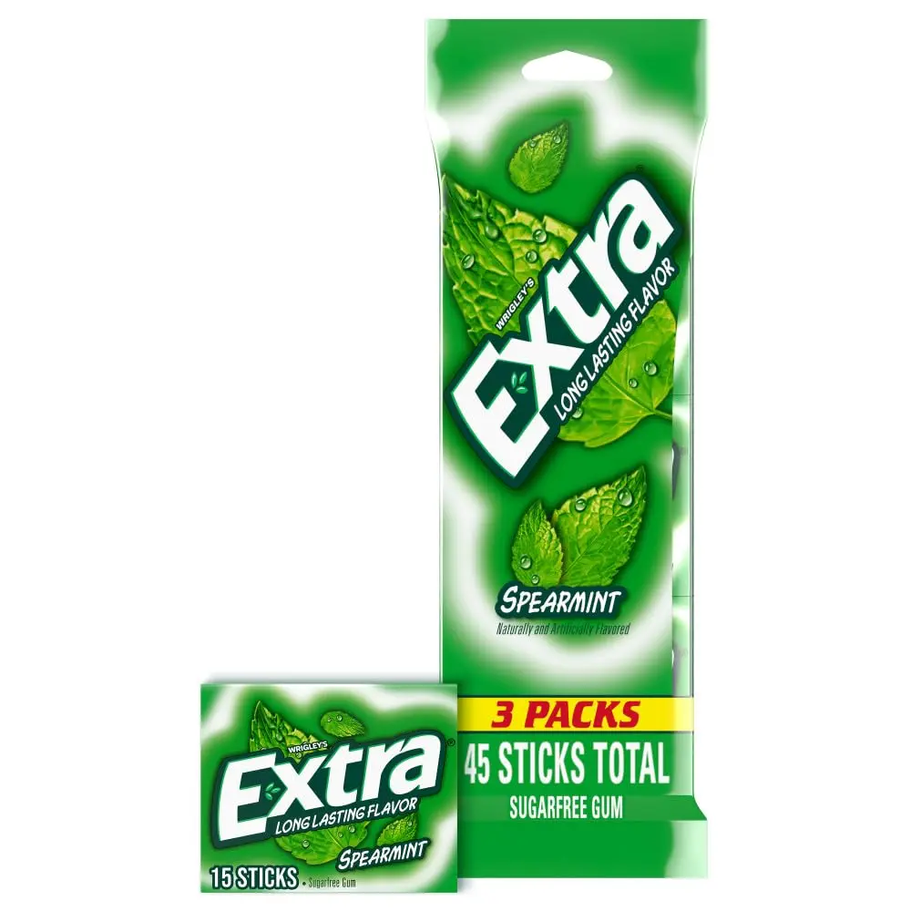 EXTRA Chewing Gum Sugar Free Packs - Spearmint Flavor, Sugarless Gum, Contains Mint, Long-Lasting, 3 Packs (15 Sticks Each), 4.8 oz Ambient Snack for Spring Break Travel Accessories